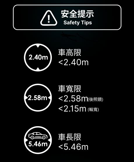 安全提示 Safety Tips:車高限 2.40m 以下、車寬限 2.58m 以下(後照鏡)/2.15m 以下(輪寬)、車長限 5.46m 以下