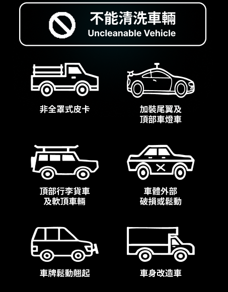 不能清洗車輛 Uncleanable Vehicle：非全罩式皮卡、加裝尾翼及頂部車燈車、頂部行李貨車及軟頂車輛、車體外部破損或鬆動、車牌鬆動翹起、車身改造車